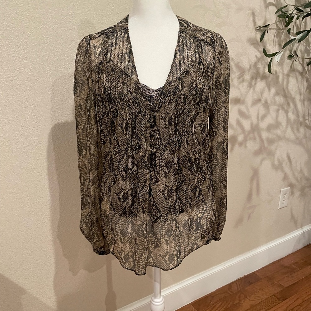 Veronica Beard Sheer Snake-Print V-Neck Blouse in Black & Cream